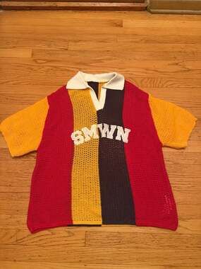 Sumwon Crochet Polo Collar Sweater Size L Multicolor Stripe Letter Logo